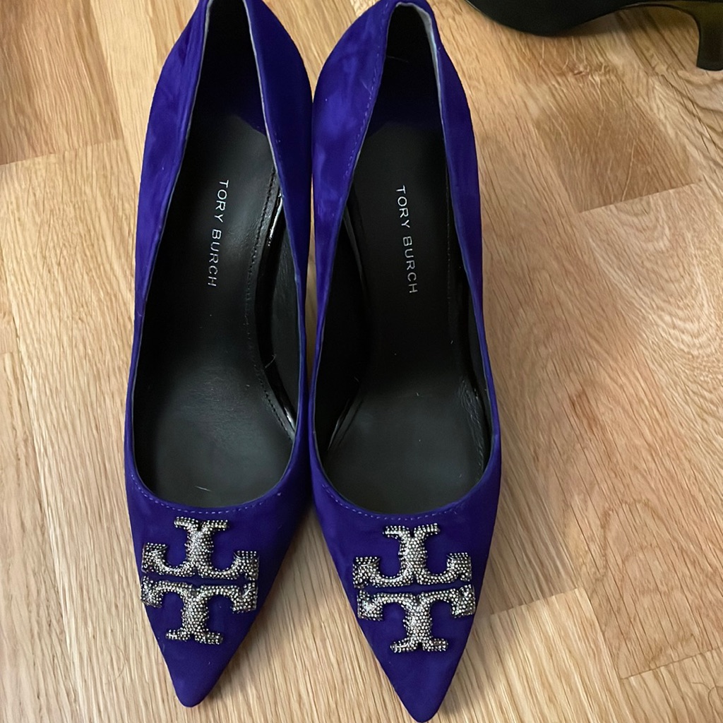 New Tory Burch Eleanor Leather Pumps In Blue Suede